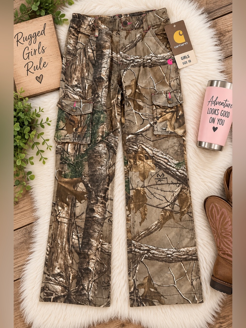 NWT Carhartt Girls Size 10 Realtree Xtra Camo Cargo Pants Pink Stitching